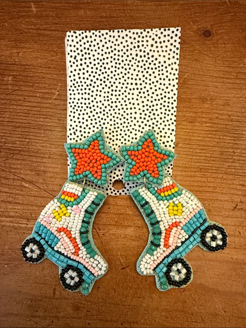 Beaded Turquoise & Orange Roller Skate Earrings